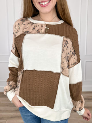 Oat and brown patchwork knit long-sleeve top with floral sleeves and crew neck