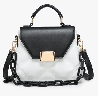 Faux leather crossbody bag for girls, black top flap with gold clasp and chain strap