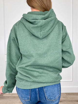 Green long-sleeve pullover hoodie with hood, back view, kangaroo pocket