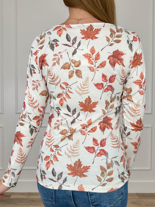 Long-sleeve knit top with full back autumn leaf print, crew neckline