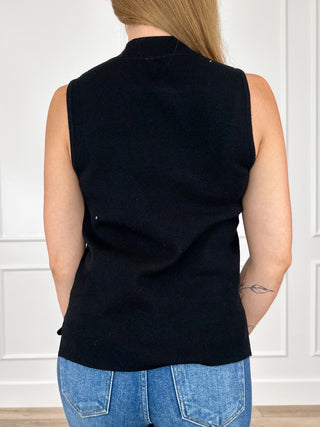 Black knit tank top back view with sleeveless racerback