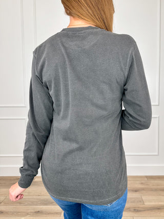 Grey long-sleeve T-shirt, back view; crew neck with no visible print