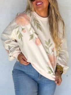 Cream long-sleeve pullover top, floral print, crew neckline