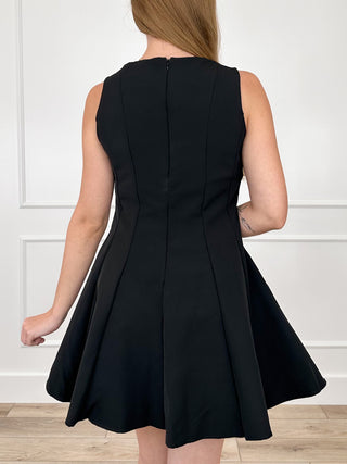 Black sleeveless fit-and-flare dress with back view and center seam flare
