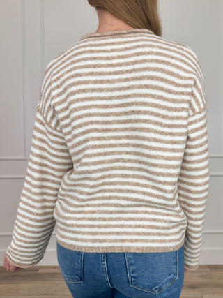Ivory striped knit long-sleeve sweater back view
