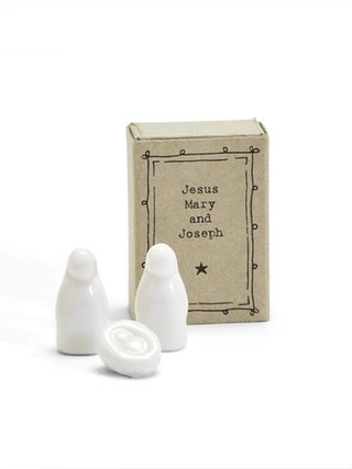 White porcelain mini matchbox figurines with Jesus Mary and Joseph message