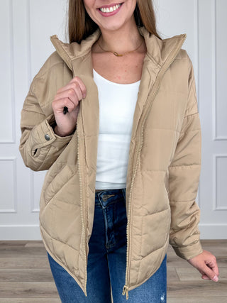 Lightweight long-sleeve quilted jacket, tan, zip-front with stand collar