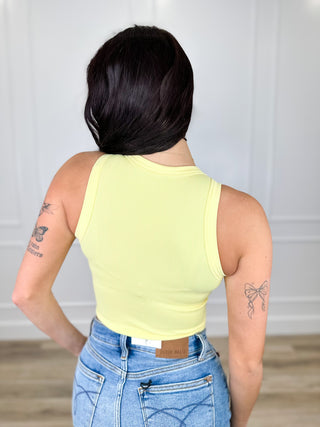 Ribbed cropped tank top in pale yellow, sleeveless back view
