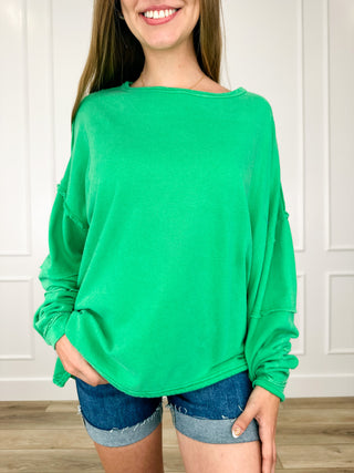 Cotton long-sleeve top, bright green, relaxed fit with wide crew neckline and gathered cuffs
