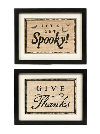 Reversible wood sign with black frame, "Let's Get Spooky!" and "Give Thanks" text