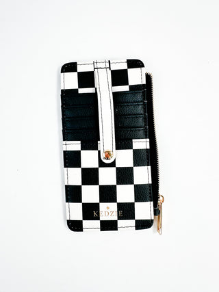 Faux leather checkered wallet with snap button and card slots