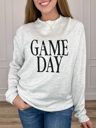 Grey long-sleeve crewneck sweatshirt with 'GAME DAY' graphic