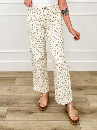 High-rise cream floral print cotton blend jeans, wide-leg fit