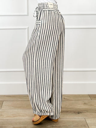 Side view high-rise striped cotton pants with elastic drawstring waist