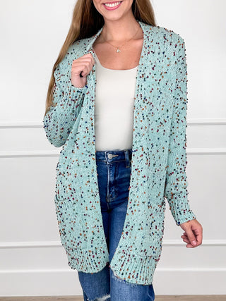 Knit long-sleeve cardigan with open front, speckled mint teal and darker flecks