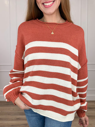Cotton-blend long-sleeve sweater, rust knit with white and rust striped bands