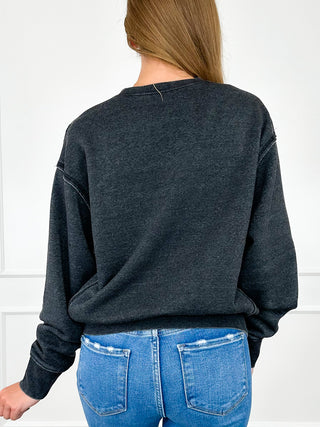 Back view charcoal crewneck sweatshirt with long sleeves