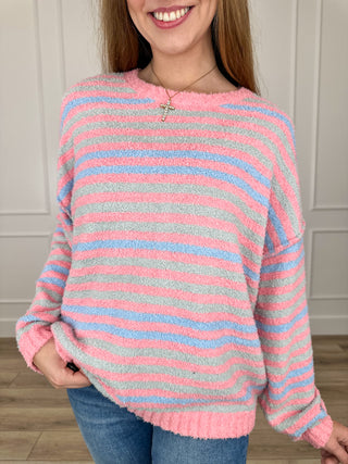 Multi striped knit long-sleeve sweater with crew neck, ribbed cuffs and hem