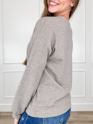 Rayon-blend long sleeve top in heather gray, crew neck, side profile