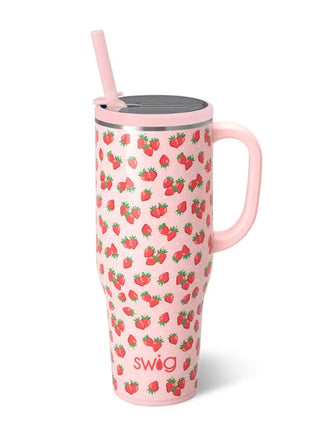 Swig 40oz insulated tumbler with strawberry pattern, pink handle and straw