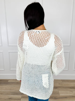 Avery Mae long sleeve knit cardigan, open mesh texture, ivory back view