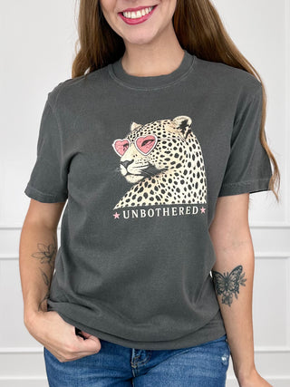 Grey short-sleeve cotton graphic tee with leopard face and 'Unbothered' text