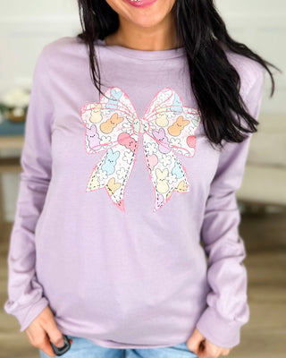 Peep That Bow Cotton Long Sleeve Purple Avery Mae Graphic Tee Shirt