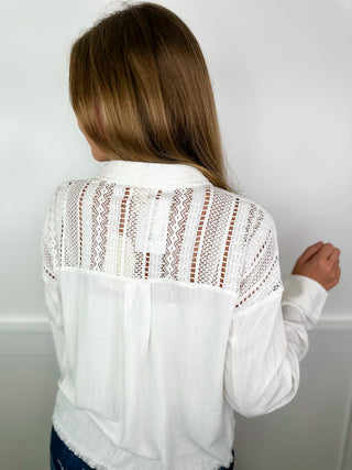 Hem & Thread Such a Great Day Knit Long Sleeve White Avery Mae Mom Cropped Button Up Top