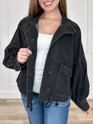 Black cotton denim jacket, long sleeves, button front with flap chest pockets
