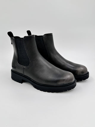 Black faux leather Chelsea booties with elastic side panels and chunky sole