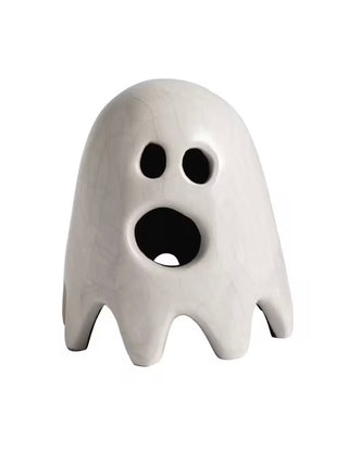 Ceramic ghost decor figurine with black face cutouts and open mouth, white finish