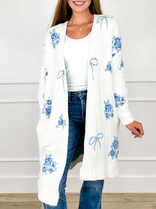 White chenille long cardigan, blue bow and flower motifs, long open front