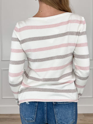 Back view of pink and gray striped knit long-sleeve sweater top with crew neck