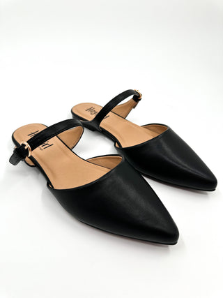 Black faux leather mule shoes, pointed toe with slingback strap and buckle