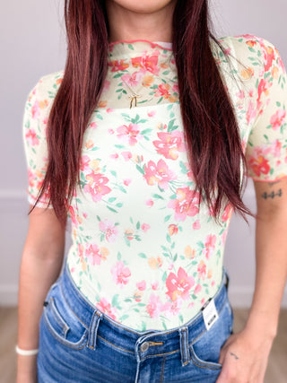 Hit That Flow State Sheer Mesh Short Sleeve Yellow Avery Mae Top