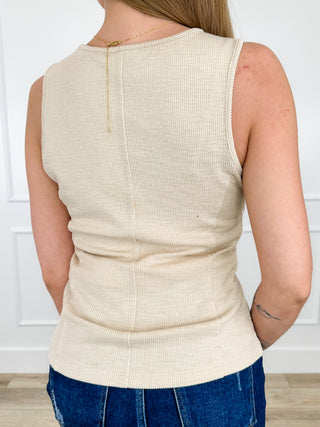 Sand ribbed sleeveless tank top back view with vertical center seam