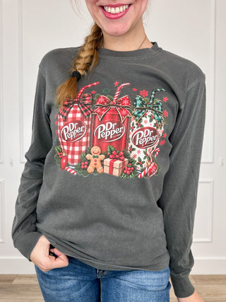 Dark gray long-sleeve tee with a festive Dr Pepper can graphic and holiday decorations