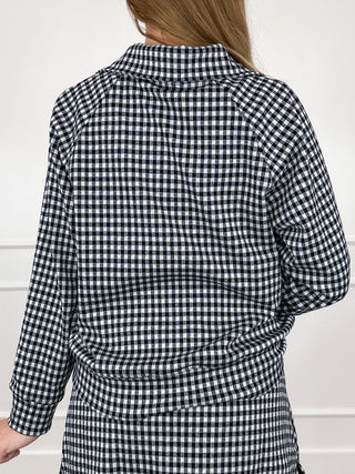 Black and white gingham knit quarter-zip long-sleeve top with stand collar and pocket