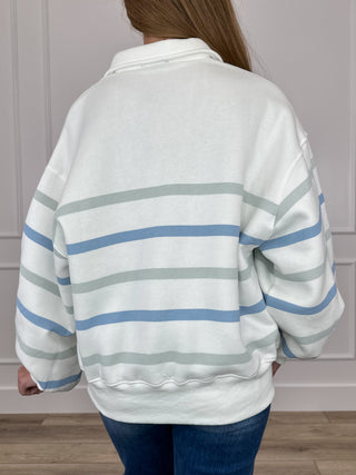 Back view: white long-sleeve sweatshirt with light blue and mint horizontal stripe