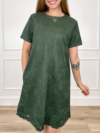 Green faux suede shift dress with short sleeves, heart neckline, scalloped embroidered hem