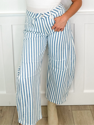 Sarina High-Rise Barrel Leg Striped Avery Mae Jeans - White (Non-Distressed)