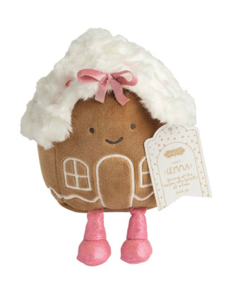 Holiday snuggles plush gingerbread house with pink bow hood, tag, brown cookie body, pink boots