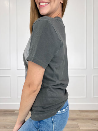 Grey cotton short-sleeve crewneck tee, side view with no graphic visible