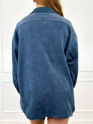 Denim blue corduroy long-sleeve button-up shacket, back view