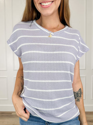 Purple striped knit short-sleeve top with crew neck