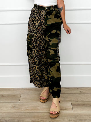 High-rise wide-leg cargo pants, mixed camo and leopard print with flap pockets