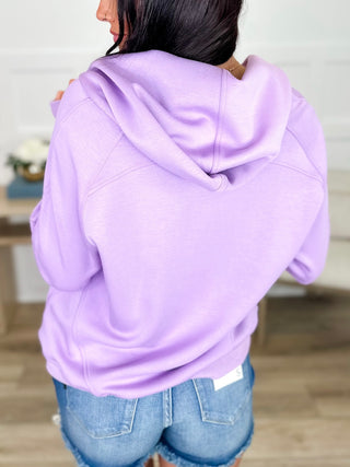 Hooded quarter-zip sweatshirt in French lavender, back view with hood