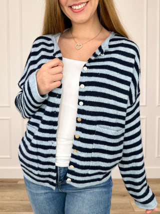 Long-sleeve button-up knit cardigan, blue-and-white striped with button front