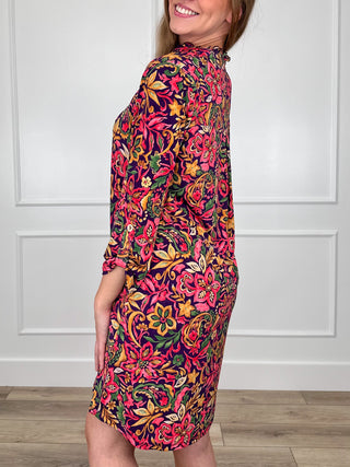 Plum floral print long-sleeve dress, 3/4 sleeves, fitted knee-length silhouette