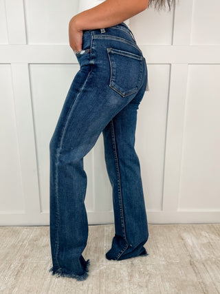 Risen Ariana Tummy Control Distressed High Rise Fray Hem Straight Leg Dark Wash Jeans